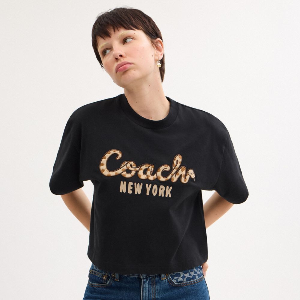 New Year Coach Snake Script Cropped T Shirt In Organic Cotton