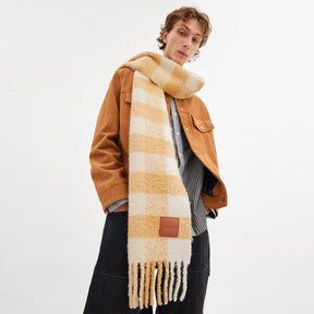 Oversized Plaid Muffler With Leather Patch