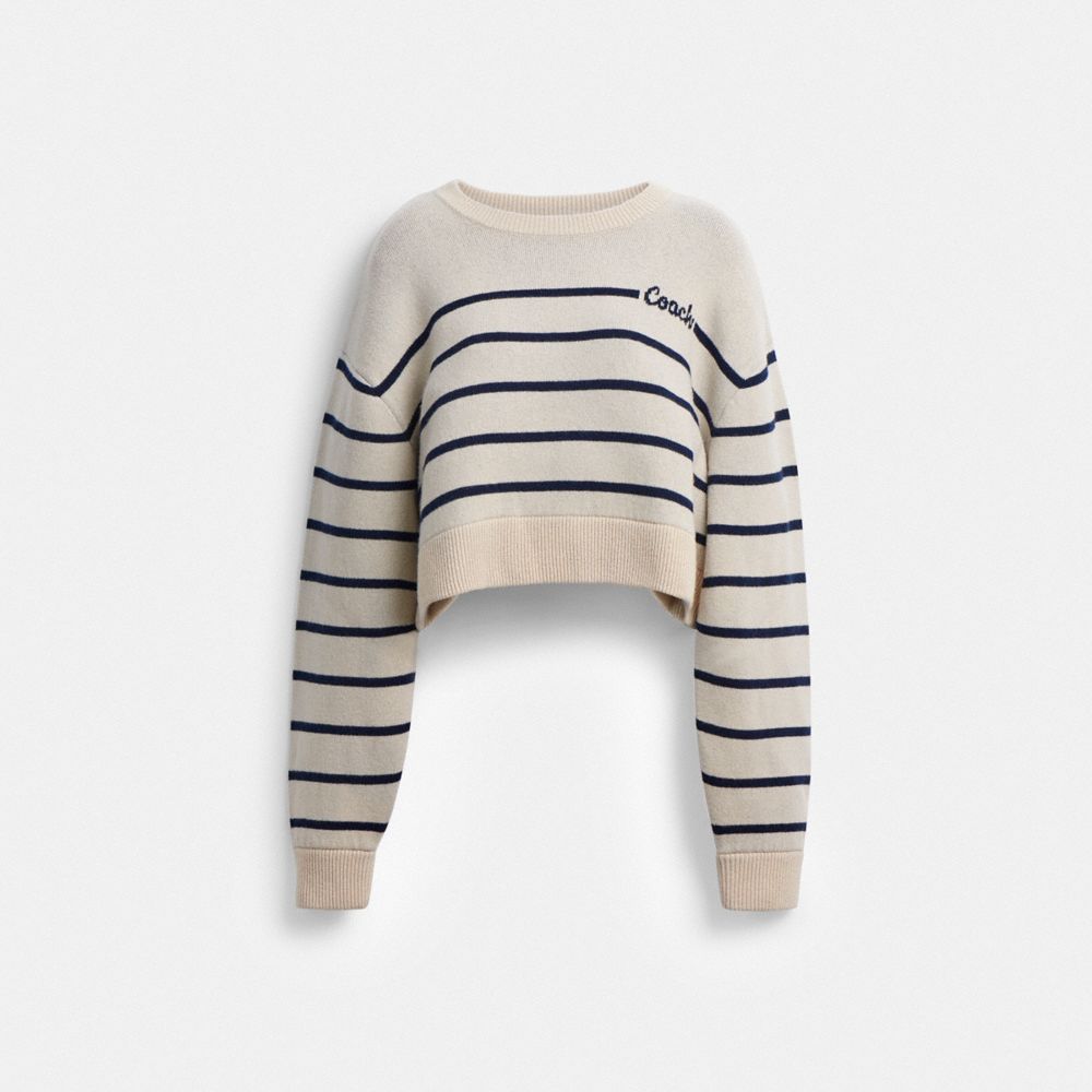 Cursive Signature Striped Cropped Sweater