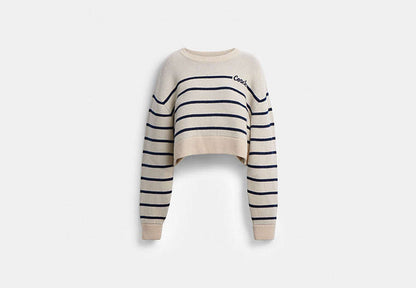 Cursive Signature Striped Cropped Sweater