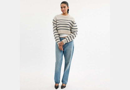 Cursive Signature Striped Cropped Sweater