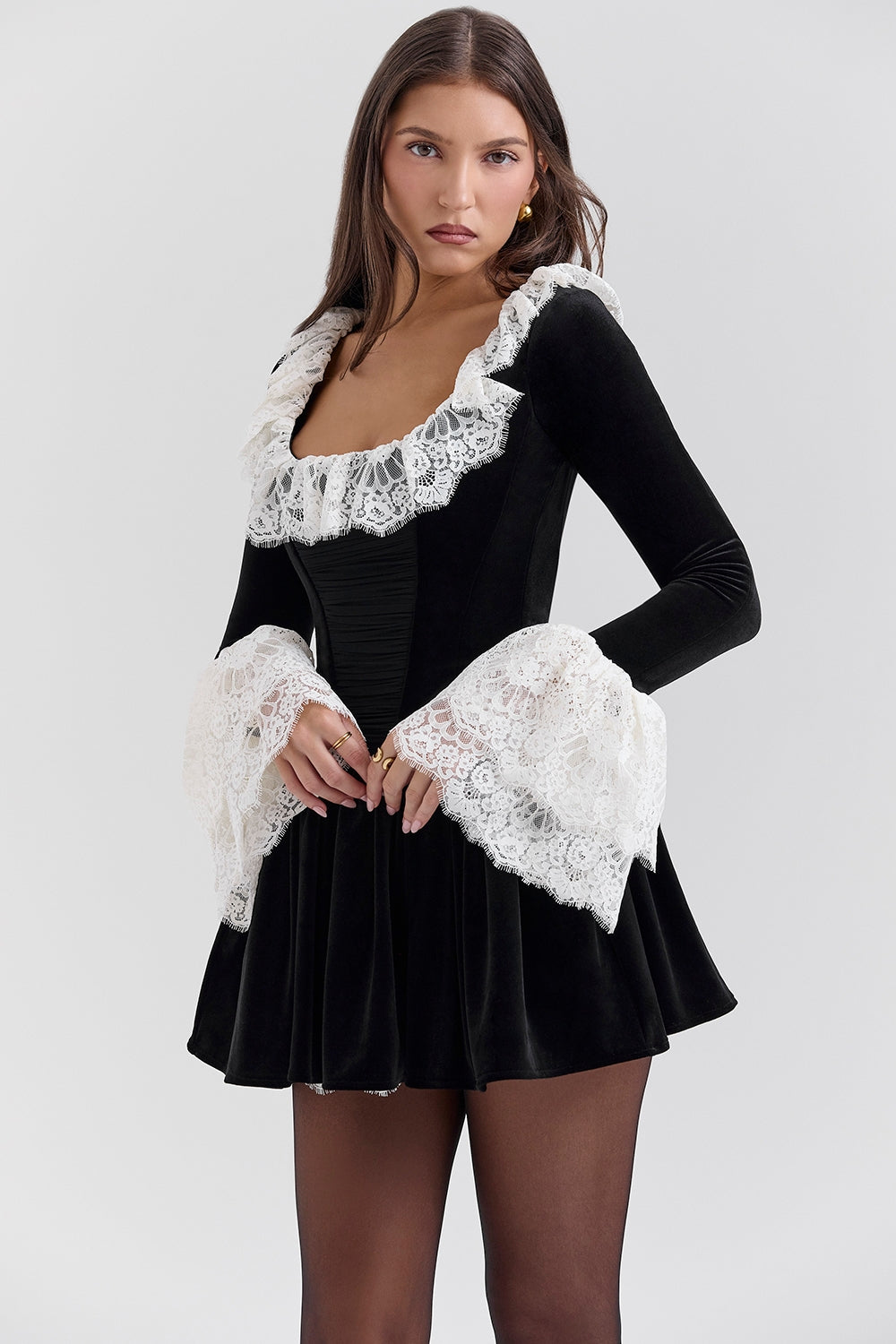 Black velvet lace trimmed mini dress