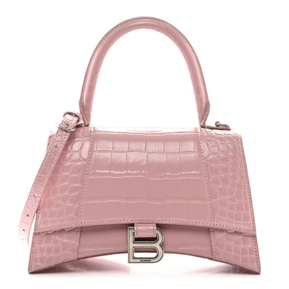 Shiny Calfskin Crocodile Embossed Small Hourglass Top Handle Bag Powder Pink
