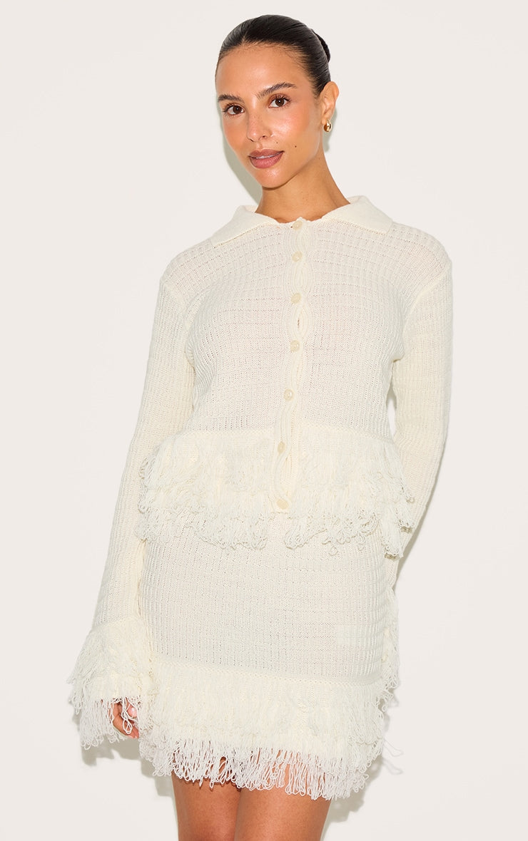 Petite Cream Button Up Fringe Cardigan