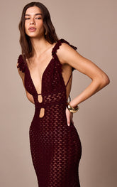 Wine Textured Frill Strap Maxi Dress