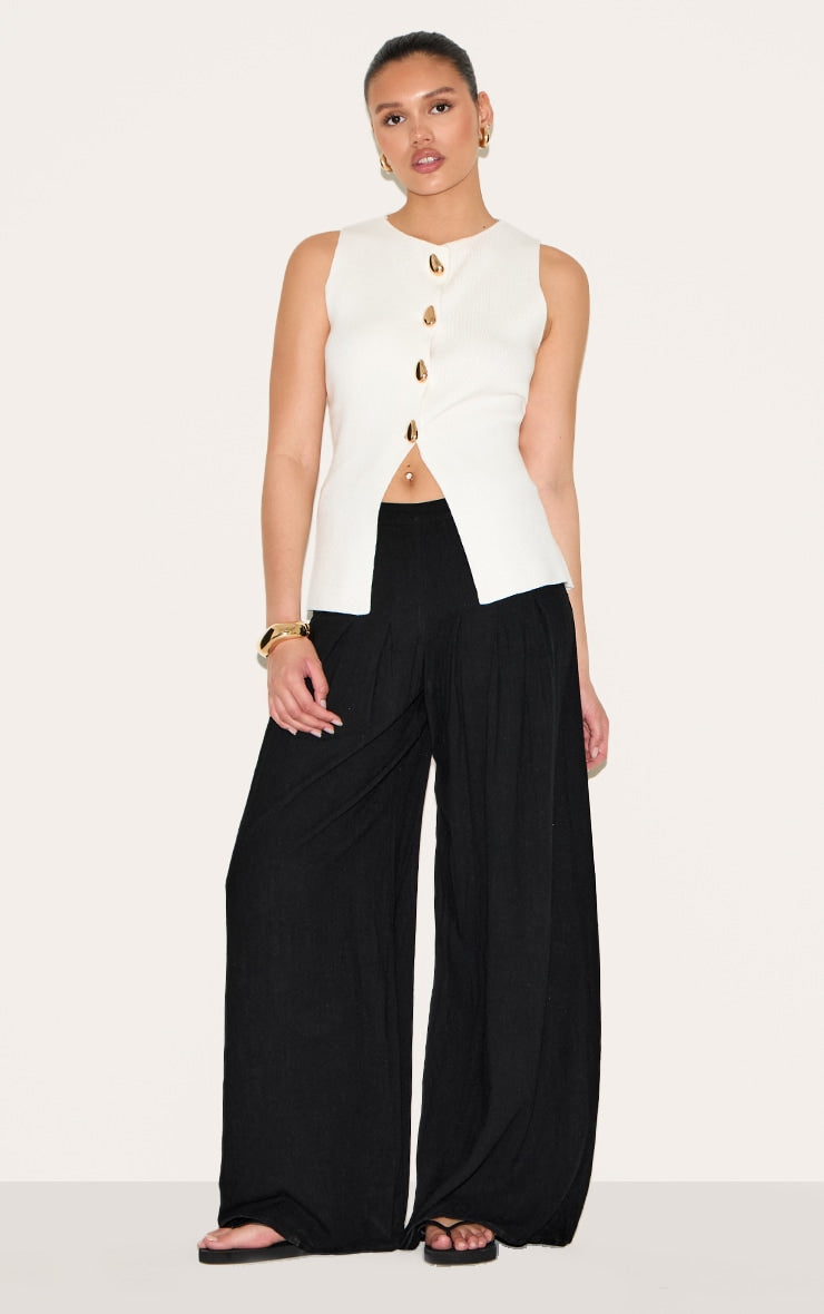 Black Linen Blend Floaty Pin Tuck Wide Leg Trousers