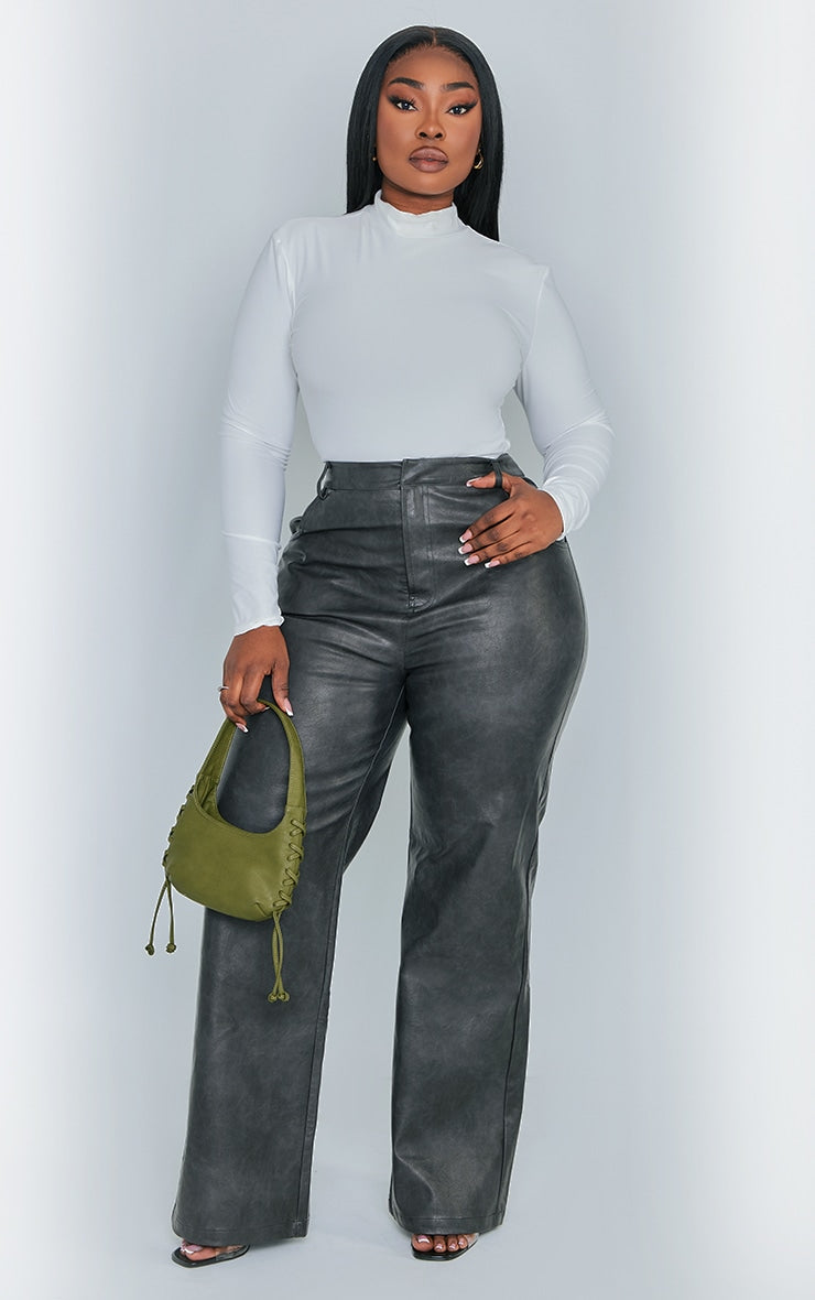 Plus Black Washed Faux Leather Straight Leg Trousers