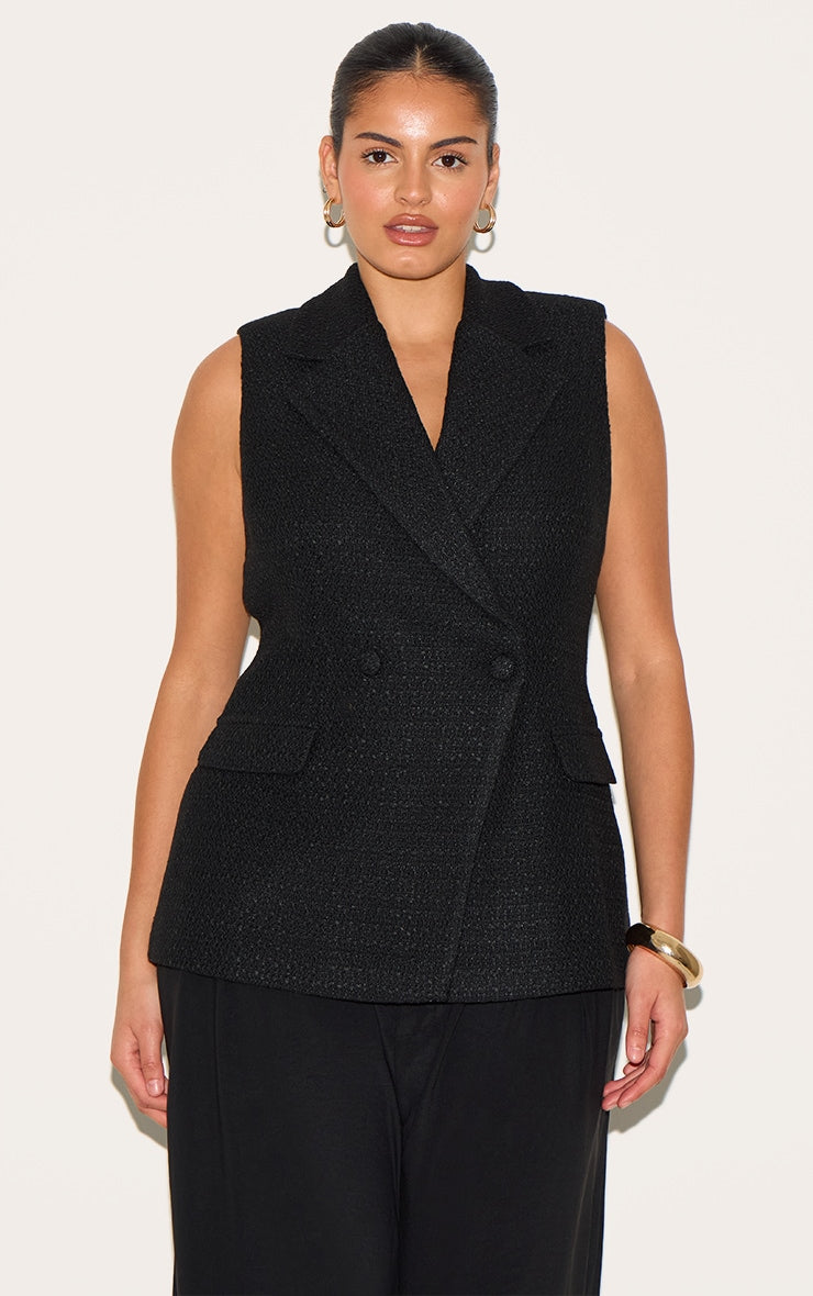 Plus Black Tweed Double Breasted Waistcoat