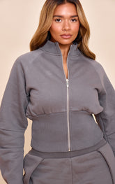 Shape Charcoal Cinched Waist Cocoon Sleeve Zip Up Jacket