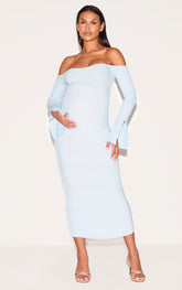 Maternity Baby Blue Off The Shoulder Contrast Knit Midaxi Dress