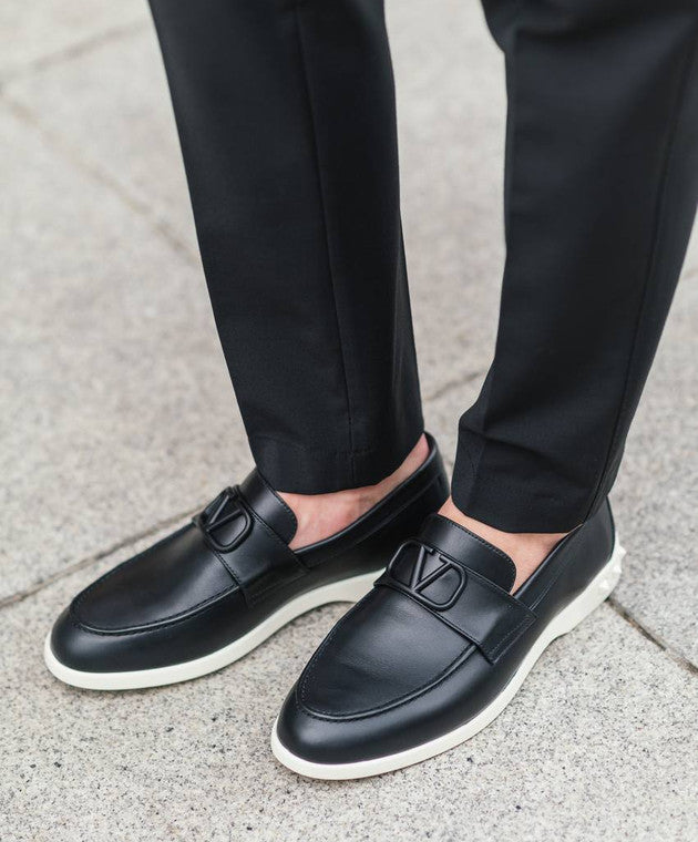 Valentino Garavani Leisure Flows Black Leather Loafers with VLogo