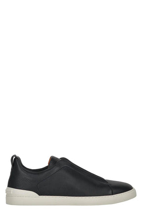 Zegna Men’s Grainy Deer Leather Sneakers – Round Toe, Logo Detail, 100% Leather