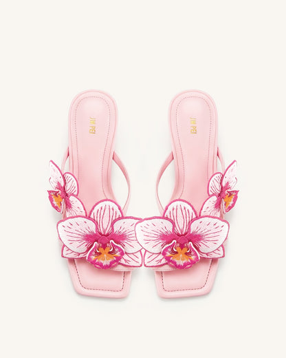 Serena Orchid Embroidered Toe Ring Heeled Sandals - Baby Pink