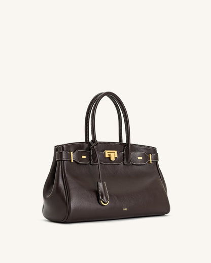 Ziva Metal Lock Decoration Tote Bag - Dark Brown