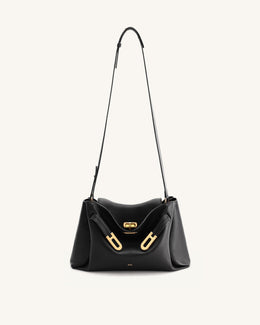Rhea Pebbled Double Buckle Shoulder Bag - Black