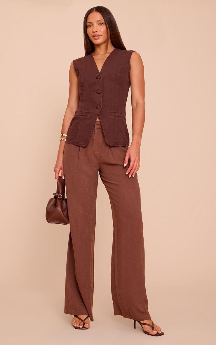 Tall Dark Chocolate Linen Look Tailored Straight Leg Trousers