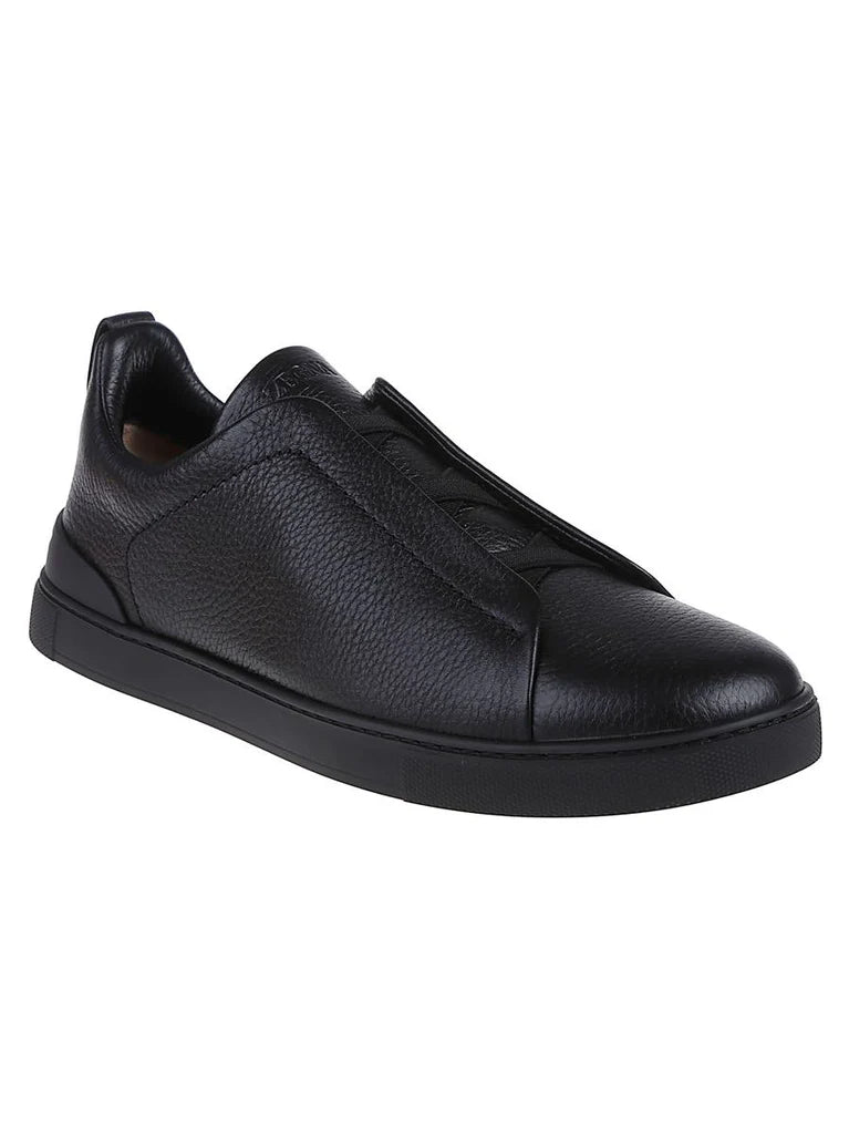 Zegna Men's Triple Stitch Low-Top Sneakers in Black Deer & Cow Leather – Made in Italy