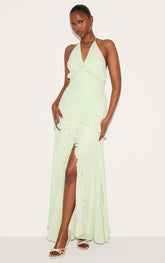 Sage Green Ruched Frill Halterneck Maxi Dress