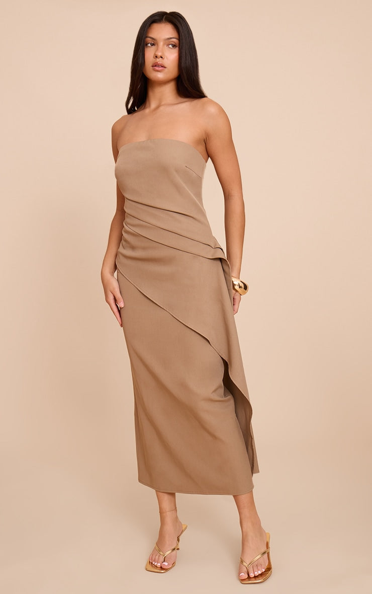 Mushroom Woven Ruched Drape Detail Dress