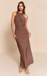 Chocolate Double Layer Slinky Halterneck Maxi Dress