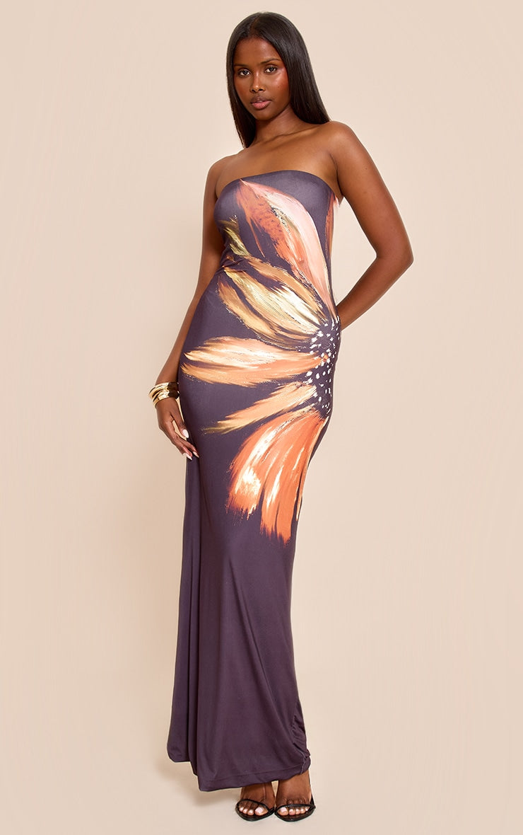 Black Flower Print Bandeau Maxi Dress