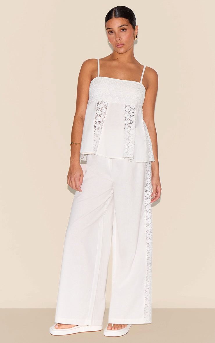 Petite White Linen Look Crochet Side Detail Wide Leg Trousers
