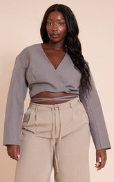 Plus Charcoal Grey Wrap Waist Tie Blazer