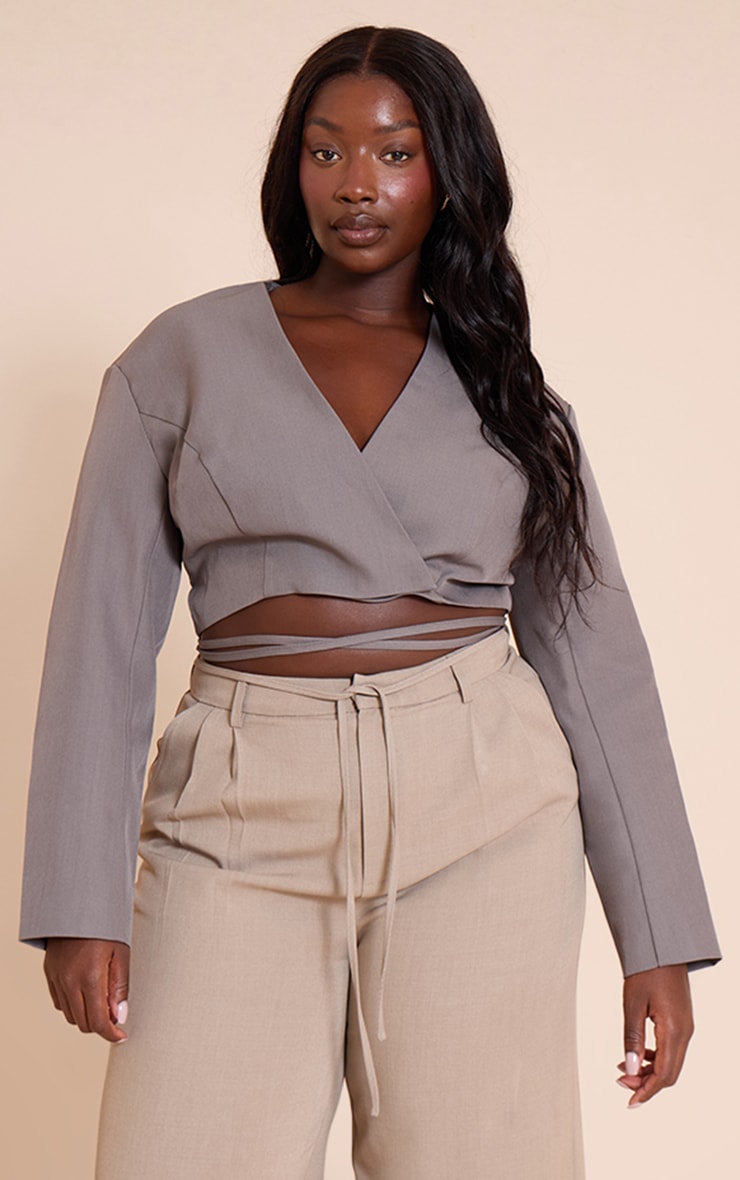 Plus Charcoal Grey Wrap Waist Tie Blazer