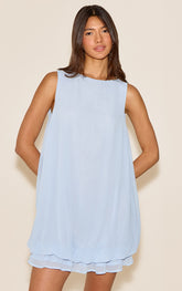 Blue Chiffon Boat Neck Frill Hem Shift Dress