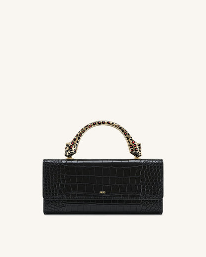 Maya Leopard-Shaped Hardware Handle Top Handle Bag - Black Croc
