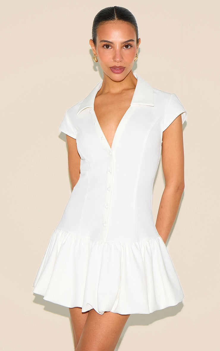 Petite White V-neck Fitted Pleated Mini Dress