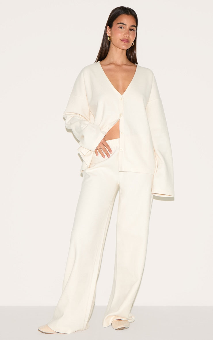 Cream Heavy Brushed Rib Slouchy Wide Leg Trouser