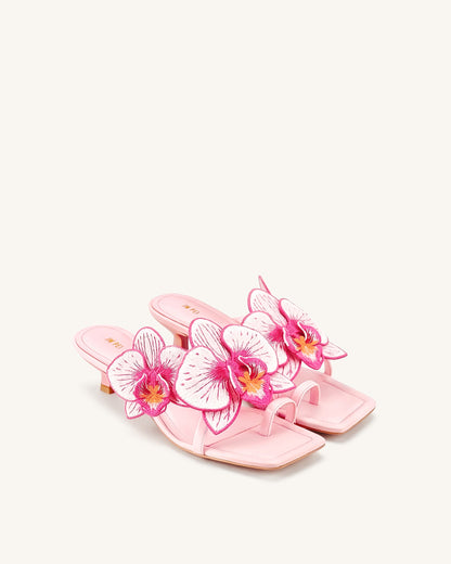 Serena Orchid Embroidered Toe Ring Heeled Sandals - Ivory Green