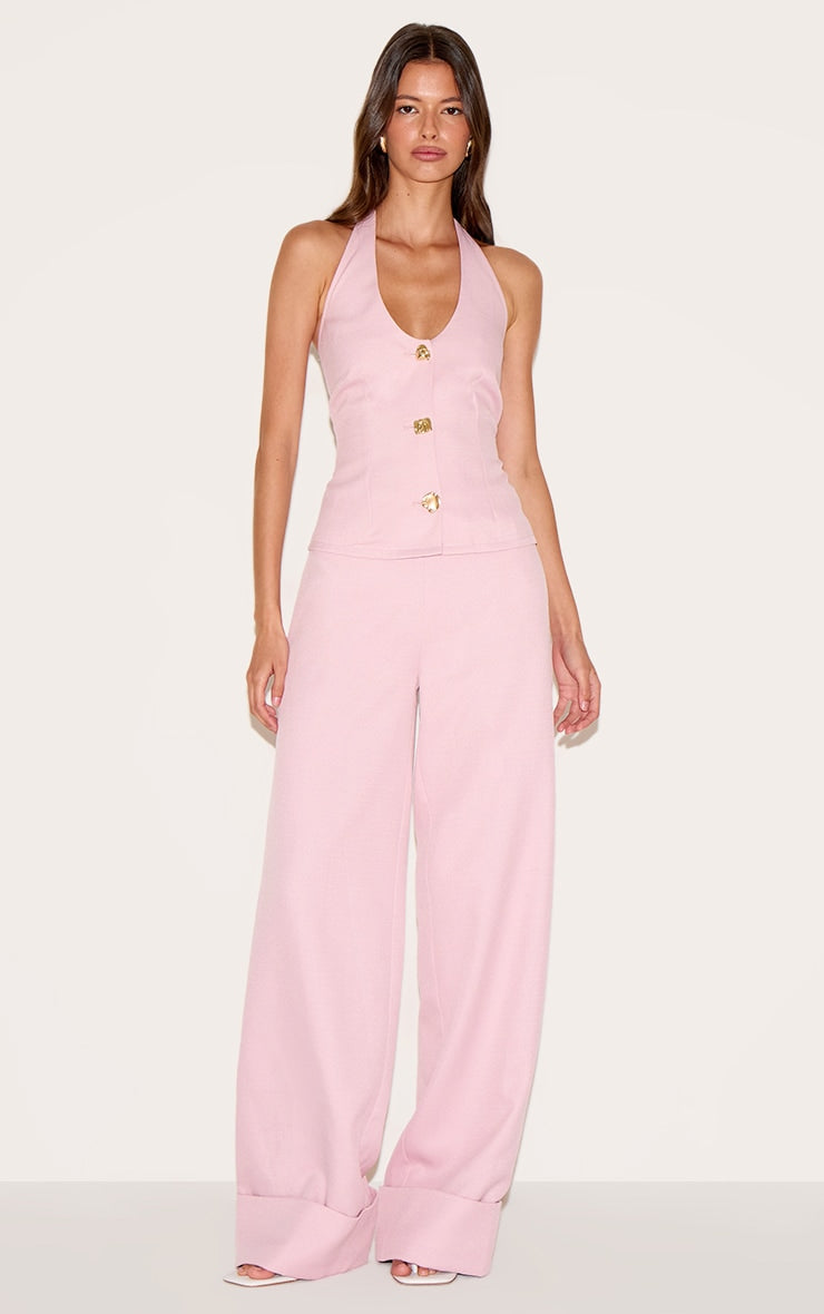 Pale Rose Textured Woven Wide Leg Trouser