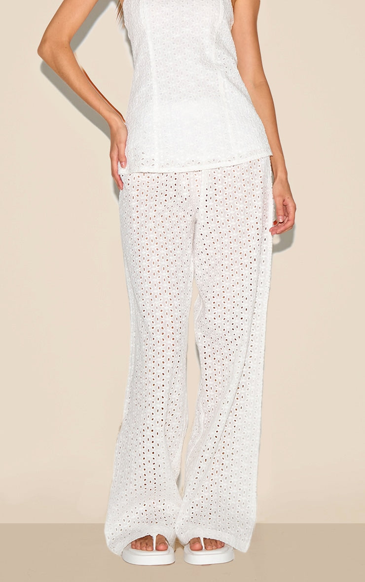 White Embroidered Mid Rise Trousers