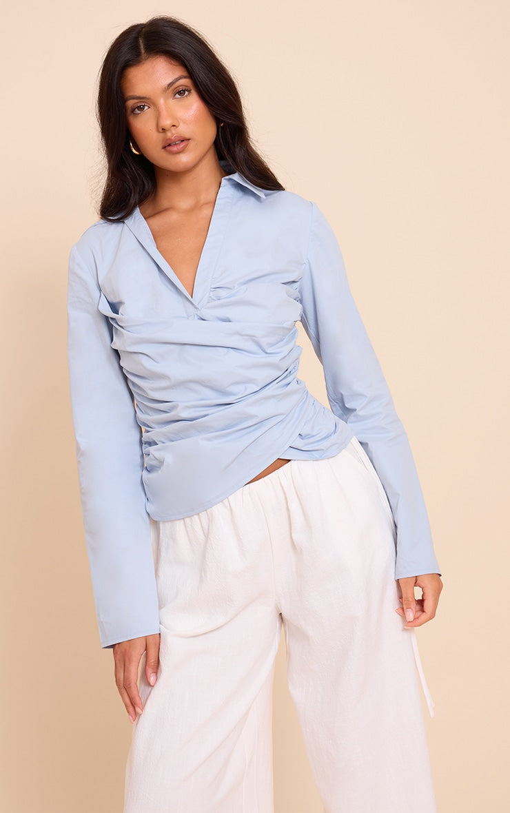 Blue Cotton Fitted Wrap Detail Shirt