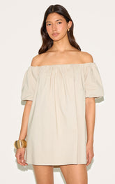 Stone Bardot Puff Sleeve Shift Dress