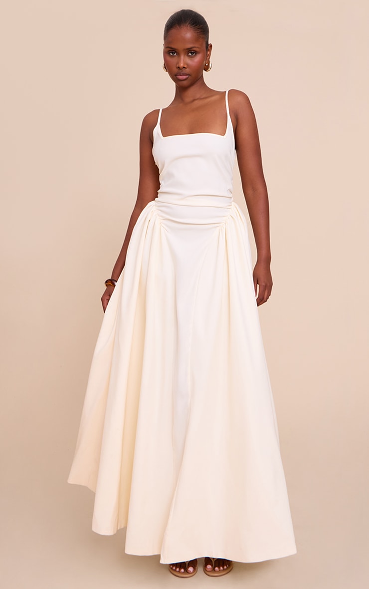 Cream Woven Ruched Strappy Midi Dress