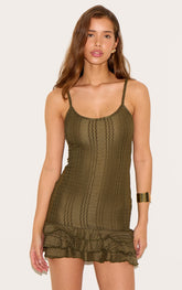 Olive Textured Strappy Frill Hem Bodycon Dress