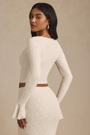 Ruffle Long-Sleeve Lace Top in Ivory