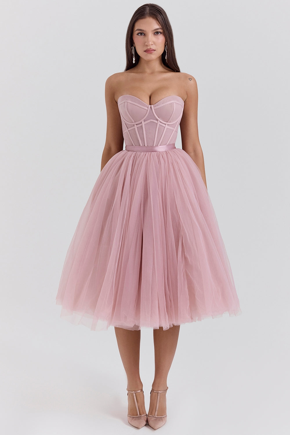 French rose tulle midi dress