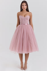 French rose tulle midi dress