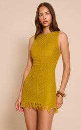 Olive Crochet Knit Fringe Hem Mini Dress