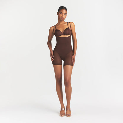 Power Mesh Shapewear Core Sculpt Open Bust Mid Thigh Bodysuit