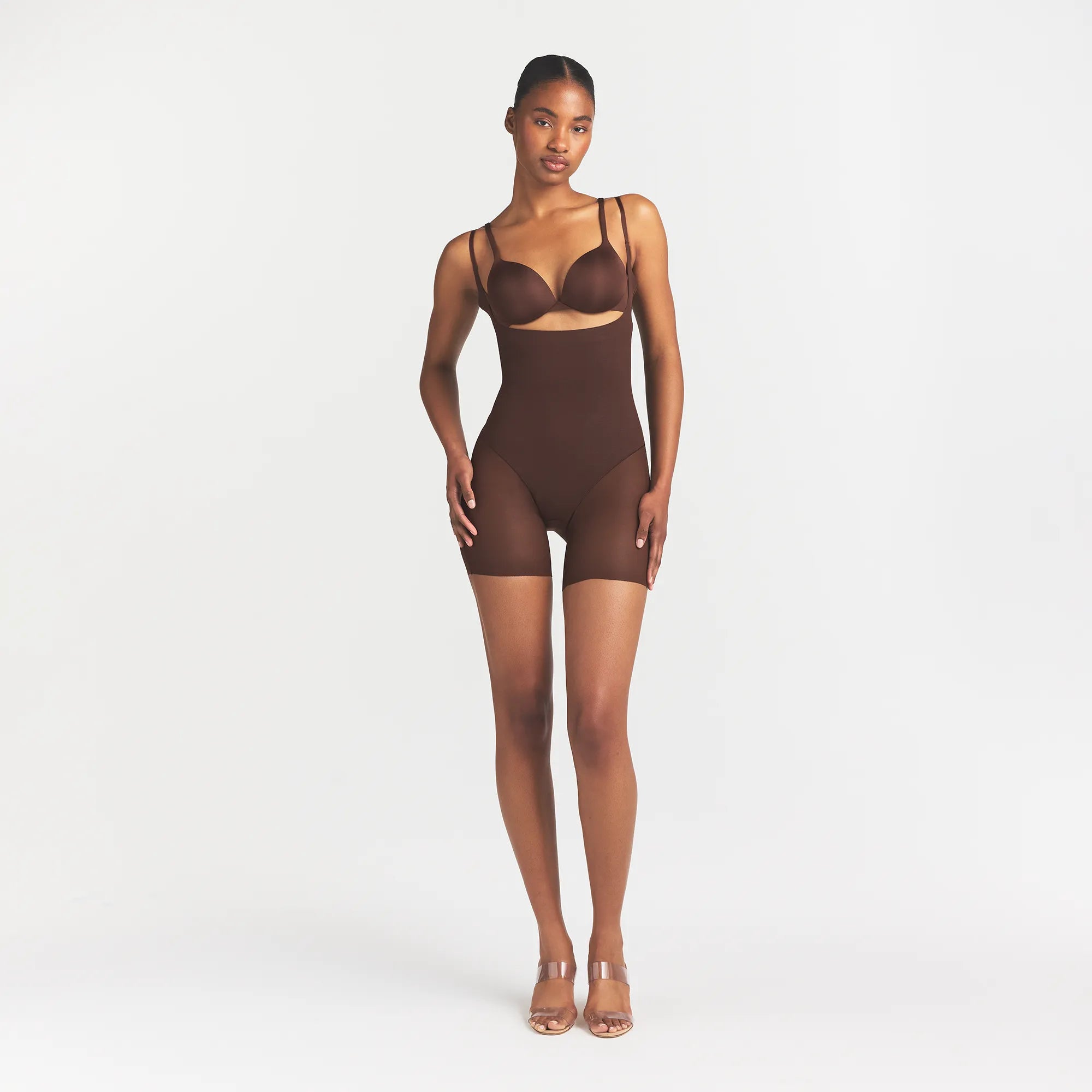 Power Mesh Shapewear Core Sculpt Open Bust Mid Thigh Bodysuit