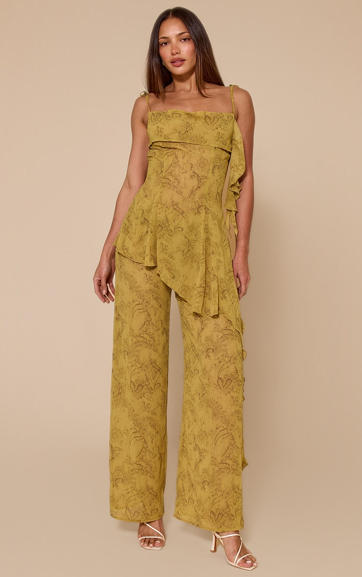 Tall Chartreuse Abstract Print Chiffon Straight Leg Trousers