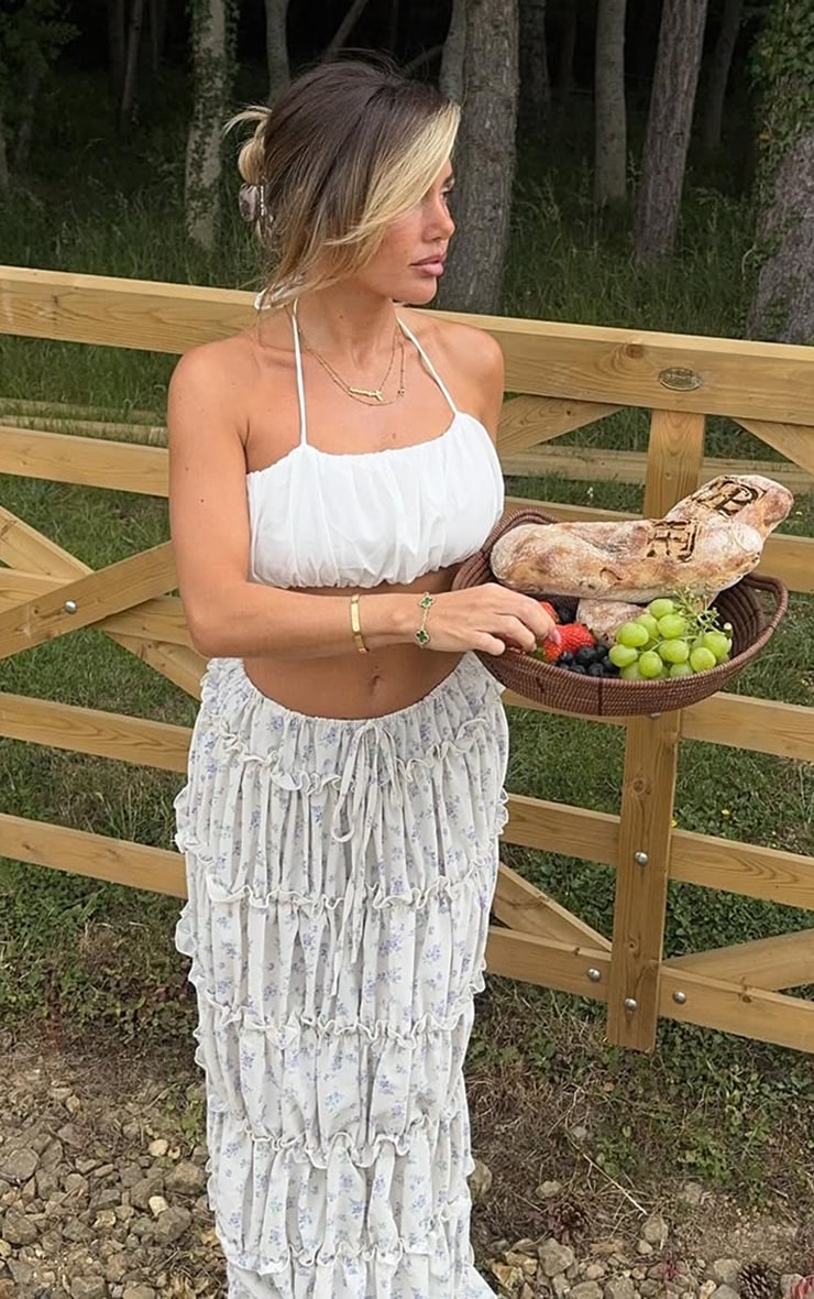 Blue Ditsy Floral Print Tiered Maxi Skirt