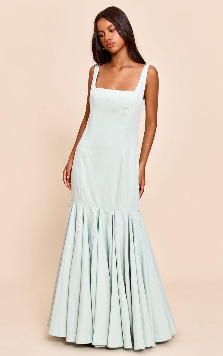 Petite Sage Green Seam Detail Frill Maxi Dress