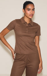 Mocha Super Soft Short Sleeve V Neck Button Up Top