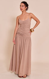 Taupe Textured Woven Ruched Detail Dropped Hem Maxi Dress